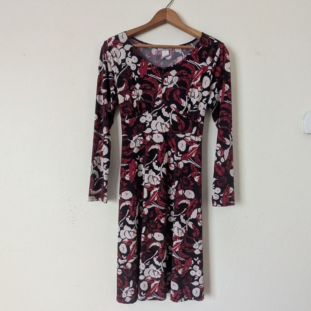 Vintage 90s Y2K Dark Floral Baby Doll Midi Dress Large Stretchy Knit Tie Back